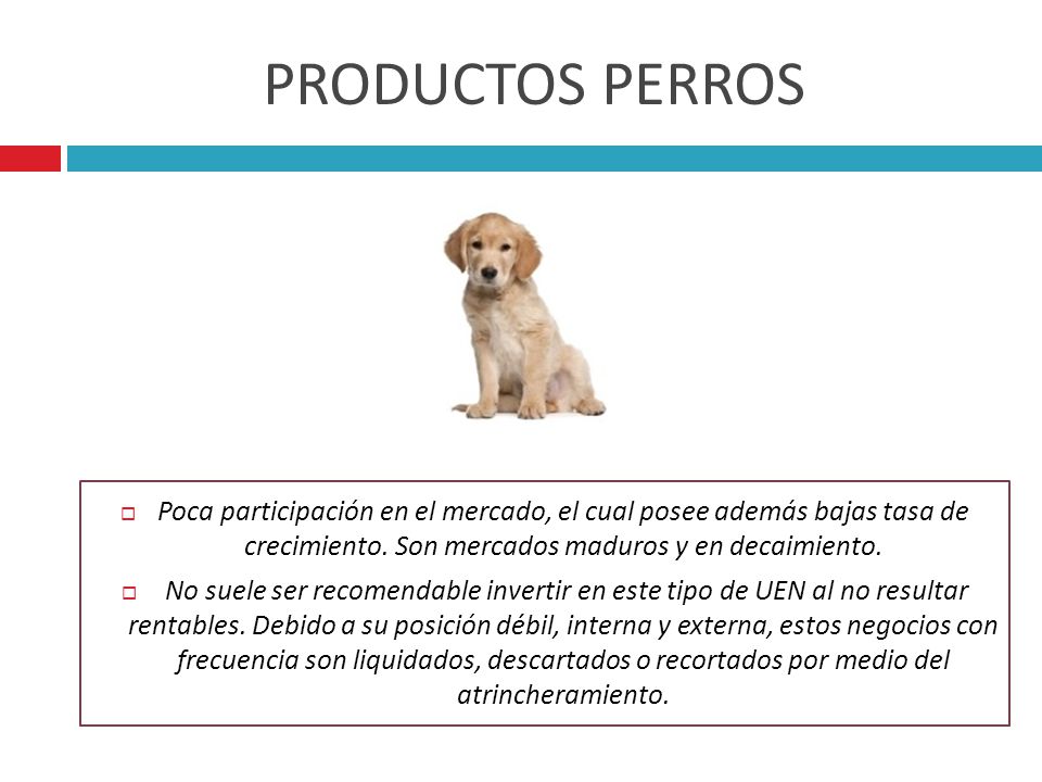 PRODUCTOS PERROS Poca participación en el mercado, el cual posee además bajas tasa de crecimiento. Son mercados maduros y en decaimiento.