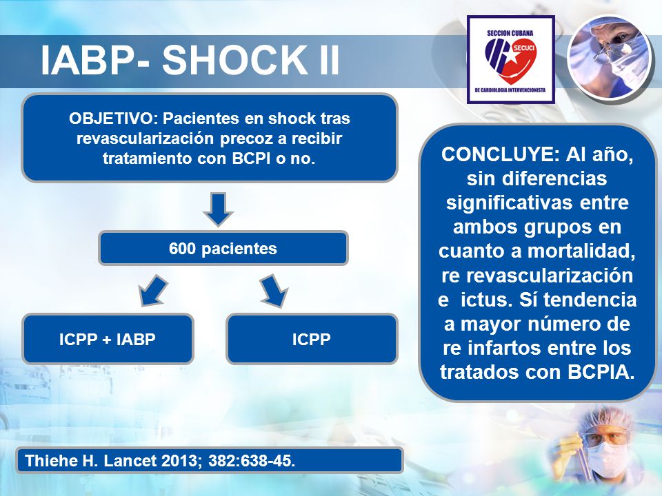 IABP- SHOCK II OBJETIVO: Pacientes en shock tras revascularización precoz a recibir tratamiento con BCPI o no.