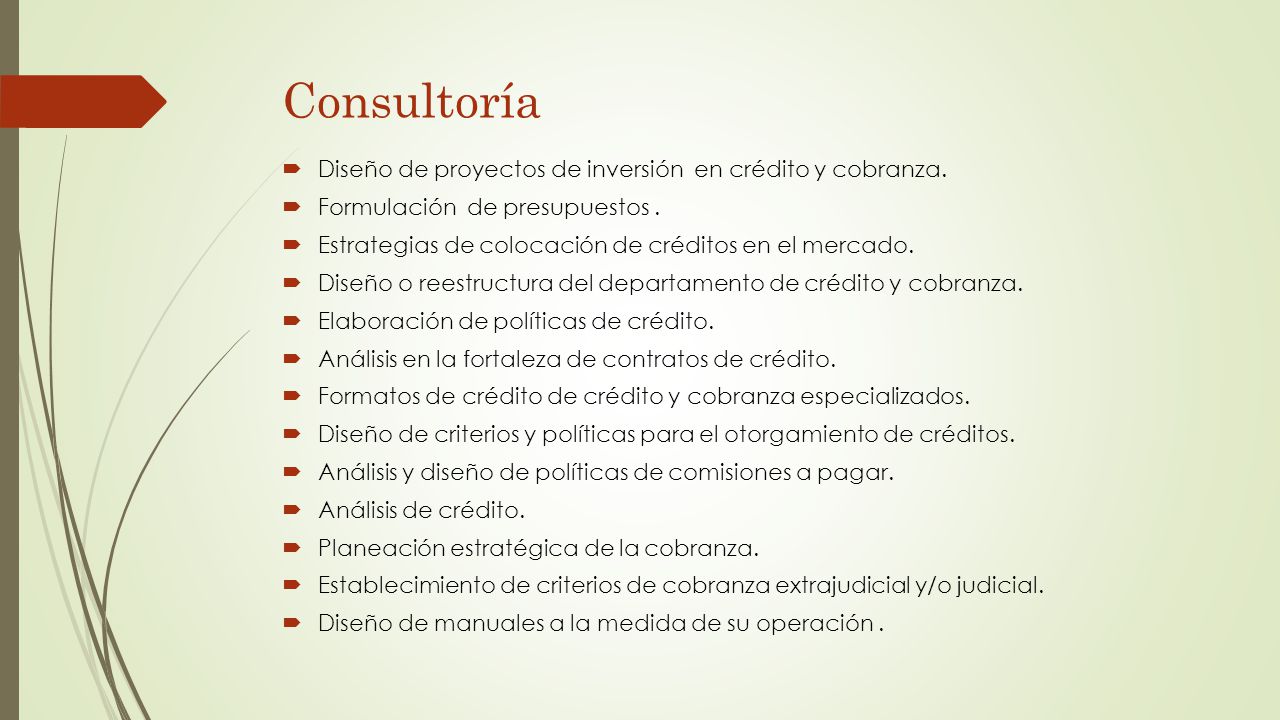 Consultoría Diseño de proyectos de inversión en crédito y cobranza.