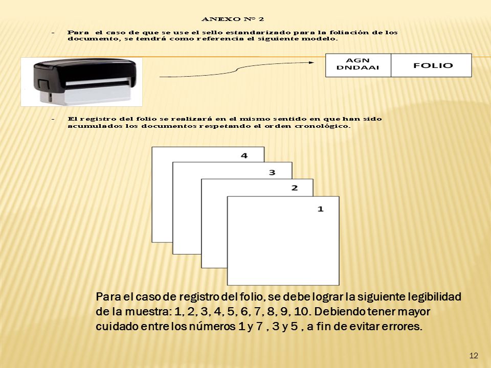 Para el caso de registro del folio, se debe lograr la siguiente legibilidad de la muestra: 1, 2, 3, 4, 5, 6, 7, 8, 9, 10.