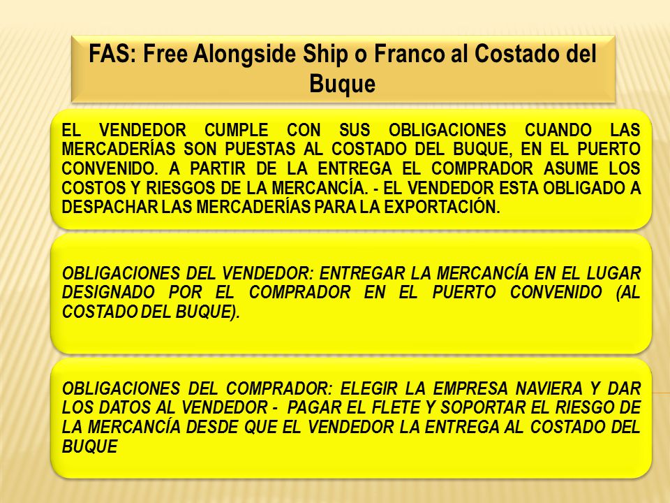 FAS: Free Alongside Ship o Franco al Costado del Buque