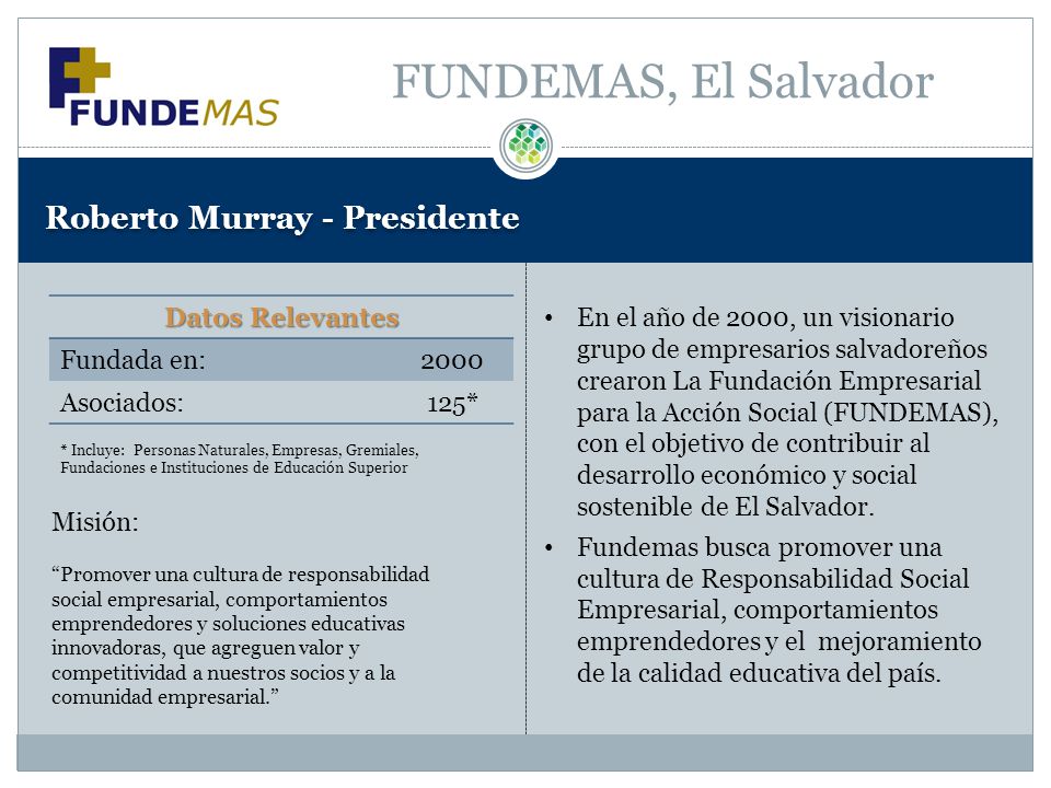FUNDEMAS, El Salvador Roberto Murray - Presidente Datos Relevantes