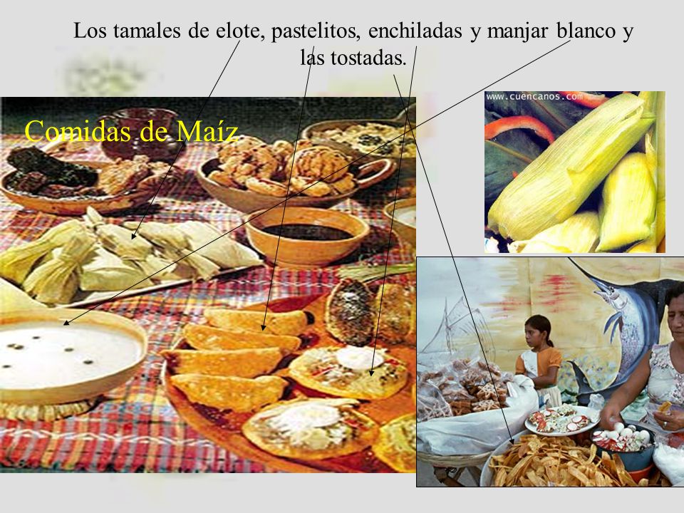 Los tamales de elote, pastelitos, enchiladas y manjar blanco y las tostadas.