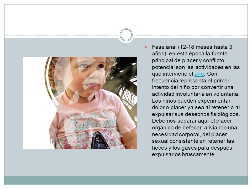 Fase anal (12-18 meses hasta 3 años): en esta época la fuente principal de placer y conflicto potencial son las actividades en las que interviene el ano.