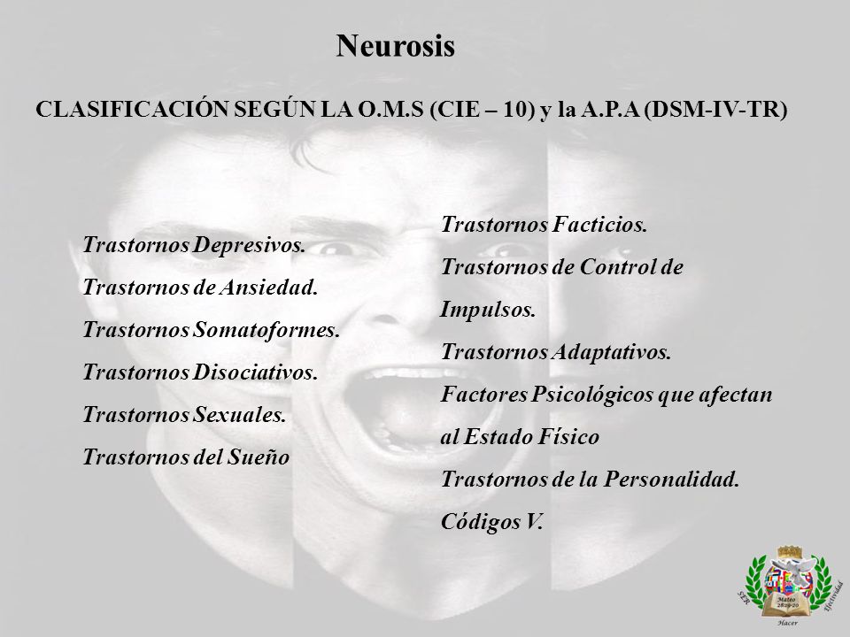 Neurosis CLASIFICACIÓN SEGÚN LA O.M.S (CIE – 10) y la A.P.A (DSM-IV-TR) Trastornos Facticios. Trastornos de Control de Impulsos.