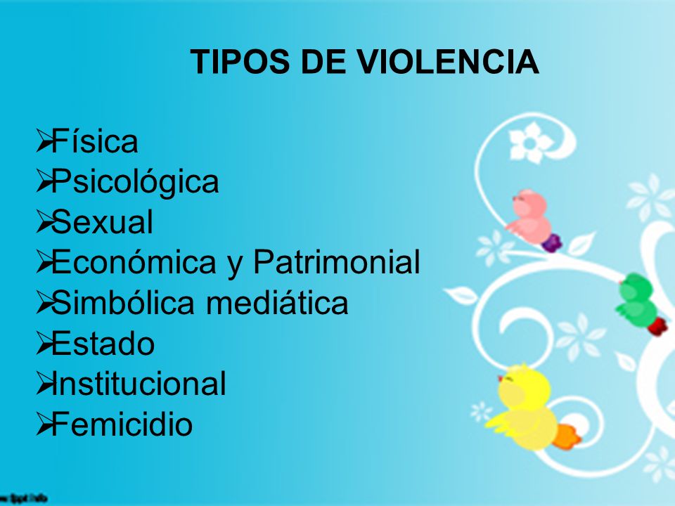 TIPOS DE VIOLENCIA Física. Psicológica. Sexual. Económica y Patrimonial. Simbólica mediática. Estado.