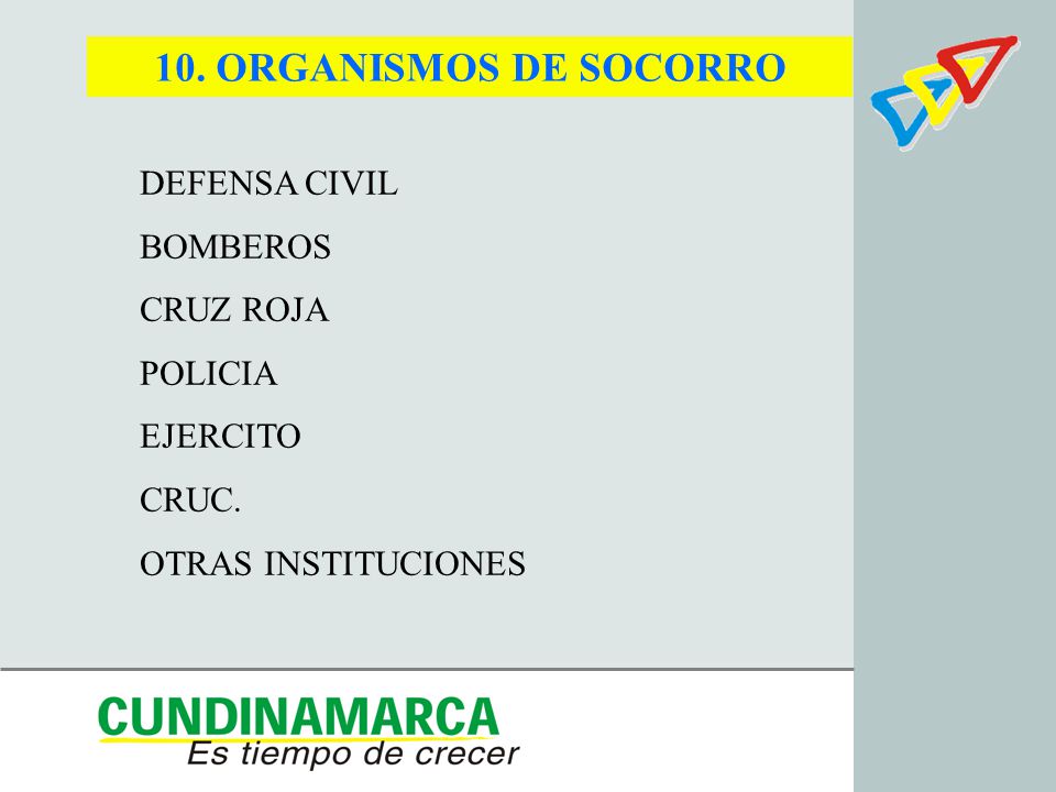 10. ORGANISMOS DE SOCORRO DEFENSA CIVIL BOMBEROS CRUZ ROJA POLICIA