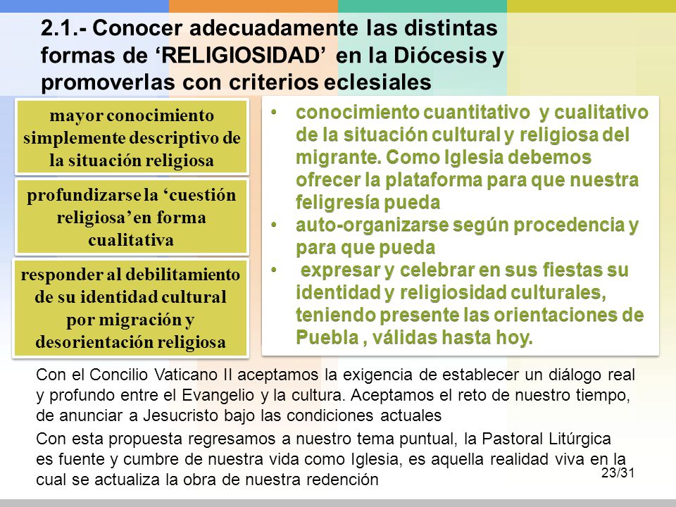 2.1.- Conocer adecuadamente las distintas formas de ‘RELIGIOSIDAD’ en la Diócesis y promoverlas con criterios eclesiales