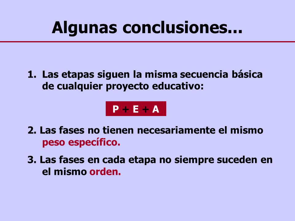 Algunas conclusiones... Las etapas siguen la misma secuencia básica de cualquier proyecto educativo: