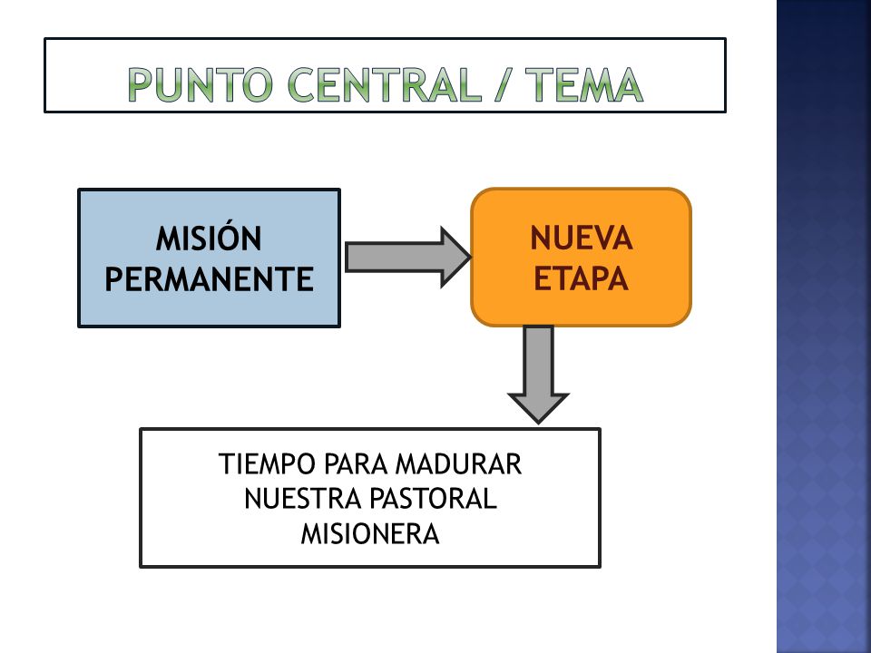 PUNTO CENTRAL / TEMA MISIÓN NUEVA PERMANENTE ETAPA TIEMPO PARA MADURAR