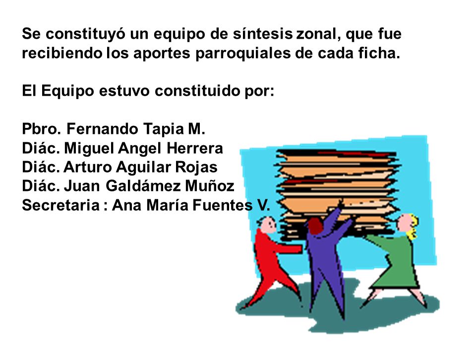 Se constituyó un equipo de síntesis zonal, que fue recibiendo los aportes parroquiales de cada ficha.
