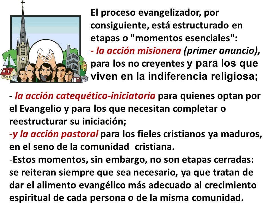 El proceso evangelizador, por consiguiente, está estructurado en etapas o momentos esenciales :