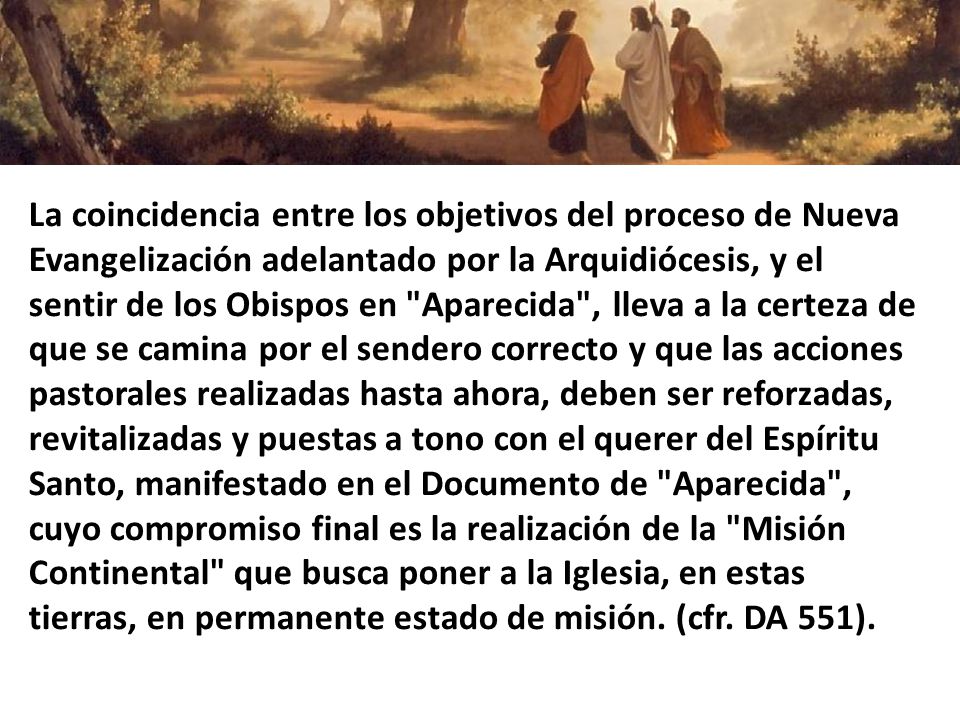La coincidencia entre los objetivos del proceso de Nueva Evangelización adelantado por la Arquidiócesis, y el sentir de los Obispos en Aparecida , lleva a la certeza de que se camina por el sendero correcto y que las acciones pastorales realizadas hasta ahora, deben ser reforzadas, revitalizadas y puestas a tono con el querer del Espíritu Santo, manifestado en el Documento de Aparecida , cuyo compromiso final es la realización de la Misión Continental que busca poner a la Iglesia, en estas tierras, en permanente estado de misión.