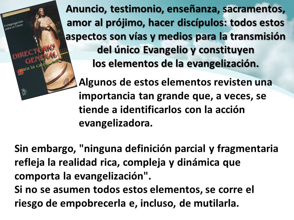Anuncio, testimonio, enseñanza, sacramentos, amor al prójimo, hacer discípulos: todos estos aspectos son vías y medios para la transmisión del único Evangelio y constituyen los elementos de la evangelización.