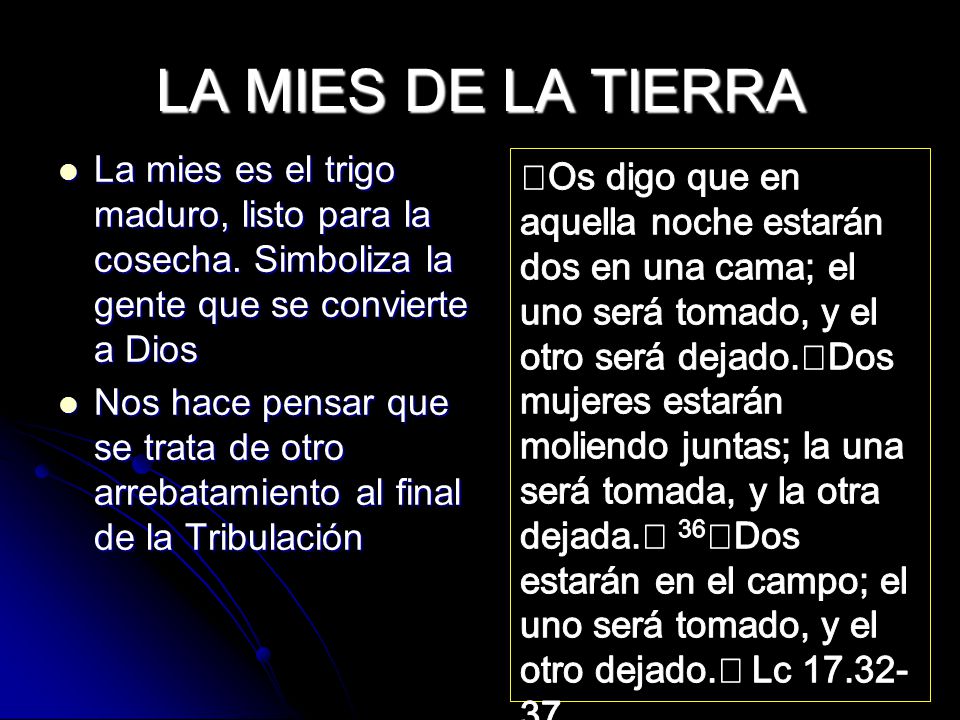 LA MIES DE LA TIERRA La mies es el trigo maduro, listo para la cosecha. Simboliza la gente que se convierte a Dios.