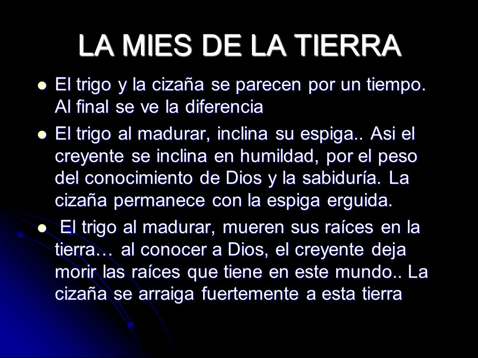 LA MIES DE LA TIERRA El trigo y la cizaña se parecen por un tiempo. Al final se ve la diferencia.