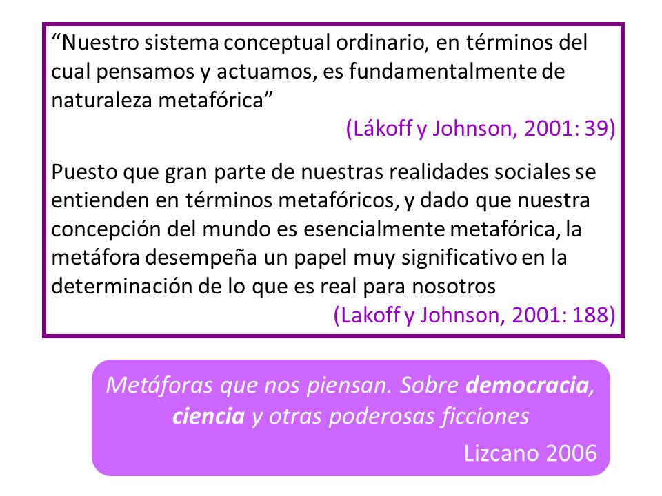 Nuestro sistema conceptual ordinario, en términos del cual pensamos y actuamos, es fundamentalmente de naturaleza metafórica
