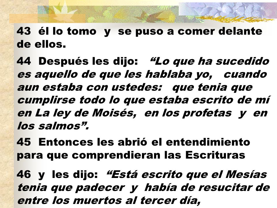 43 él lo tomo y se puso a comer delante de ellos.