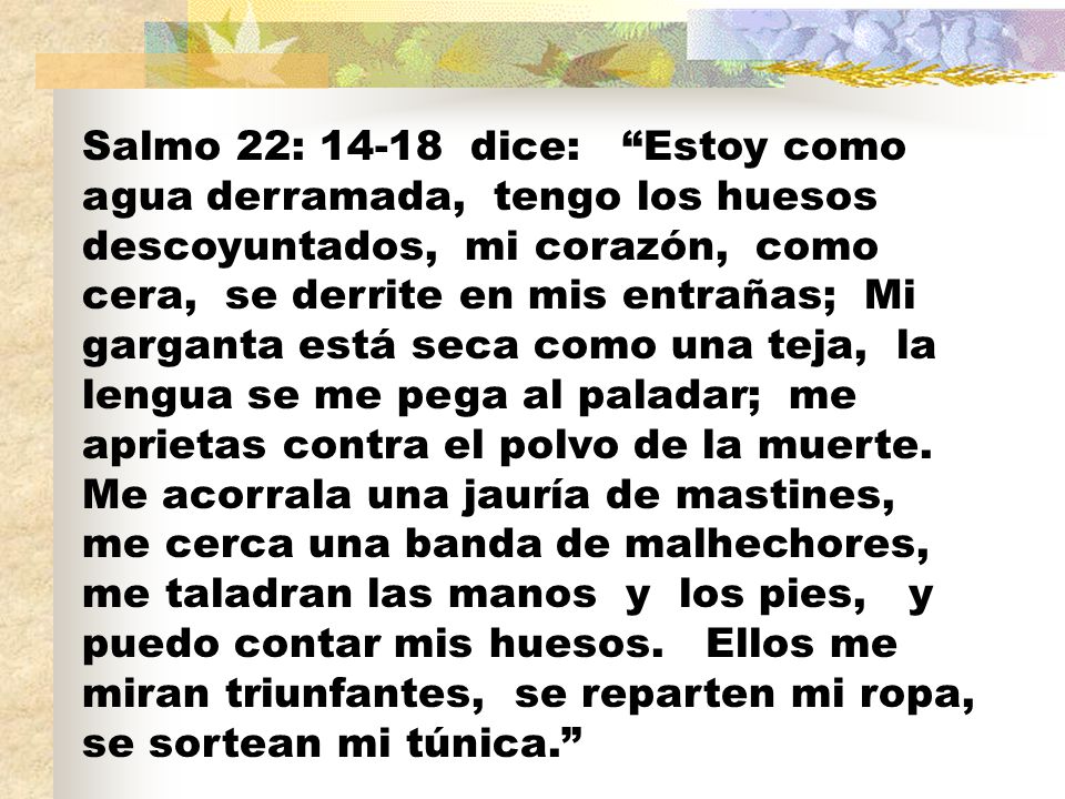Salmo 22: dice: Estoy como agua derramada, tengo los huesos descoyuntados, mi corazón, como cera, se derrite en mis entrañas; Mi garganta está seca como una teja, la lengua se me pega al paladar; me aprietas contra el polvo de la muerte.