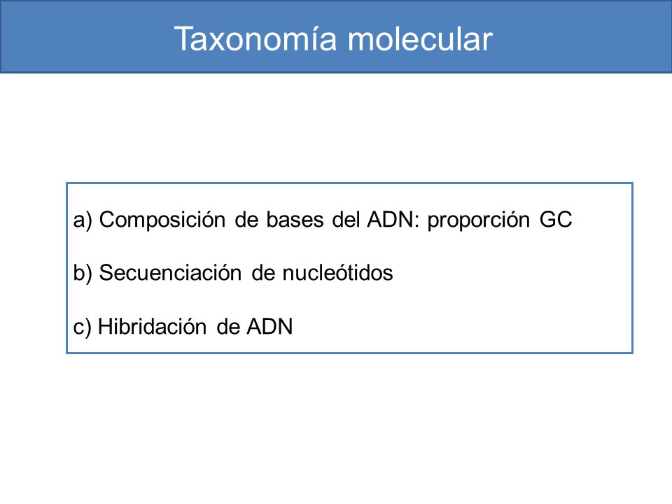 Taxonomía molecular a) Composición de bases del ADN: proporción GC