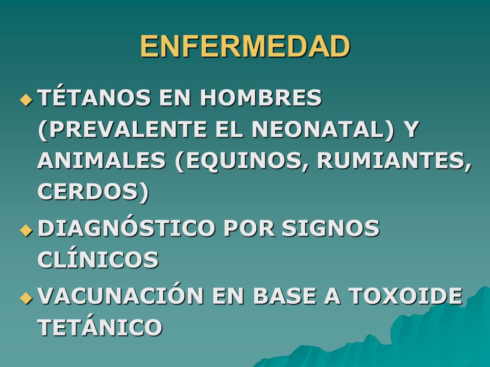 ENFERMEDAD TÉTANOS EN HOMBRES (PREVALENTE EL NEONATAL) Y ANIMALES (EQUINOS, RUMIANTES, CERDOS) DIAGNÓSTICO POR SIGNOS CLÍNICOS.