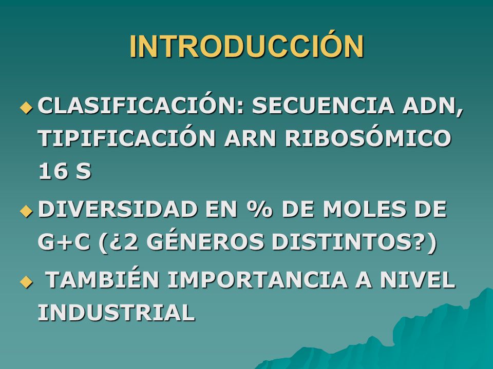 INTRODUCCIÓN CLASIFICACIÓN: SECUENCIA ADN, TIPIFICACIÓN ARN RIBOSÓMICO 16 S. DIVERSIDAD EN % DE MOLES DE G+C (¿2 GÉNEROS DISTINTOS )