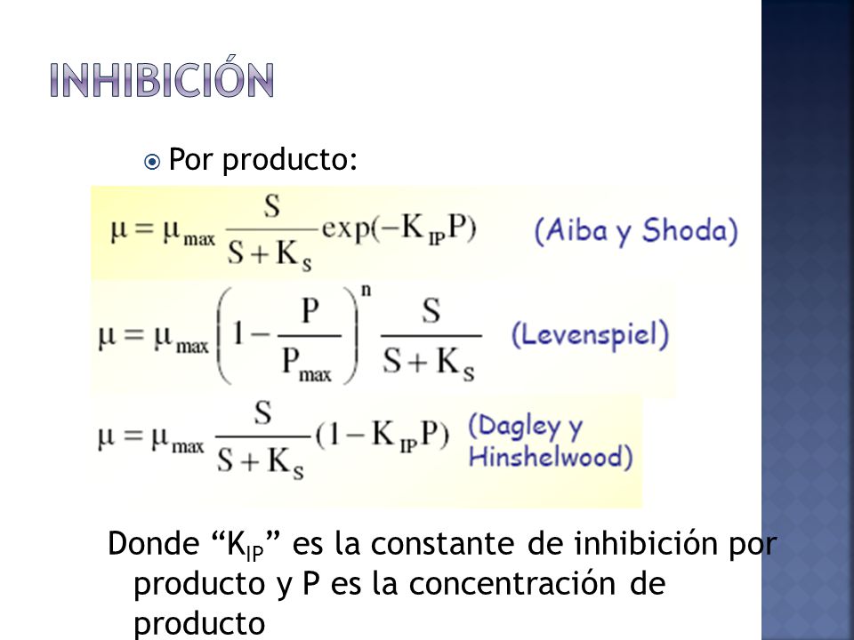 INHIBICIÓN Por producto: Donde KIP es la constante de inhibición por producto y P es la concentración de producto.