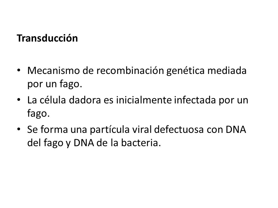 Transducción Mecanismo de recombinación genética mediada por un fago. La célula dadora es inicialmente infectada por un fago.