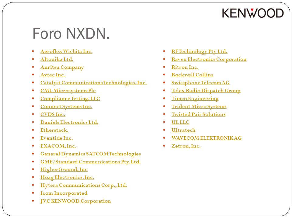 Foro NXDN. Aeroflex Wichita Inc. Altonika Ltd. Anritsu Company