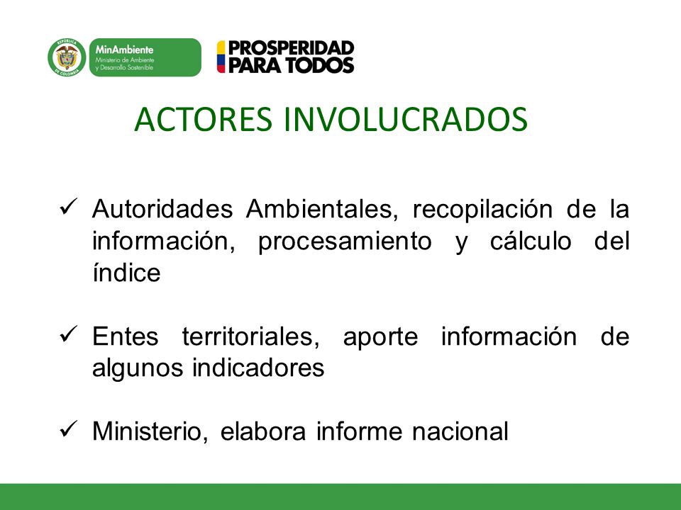 ACTORES INVOLUCRADOS Autoridades Ambientales, recopilación de la información, procesamiento y cálculo del índice.