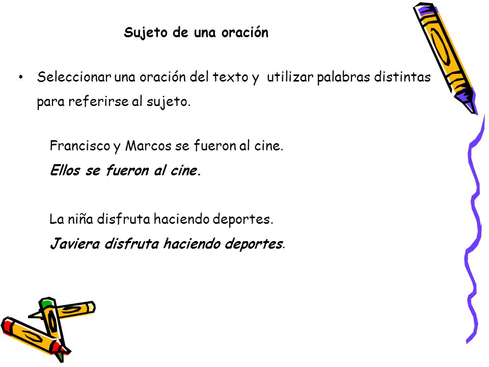 Sujeto de una oración Seleccionar una oración del texto y utilizar palabras distintas para referirse al sujeto.