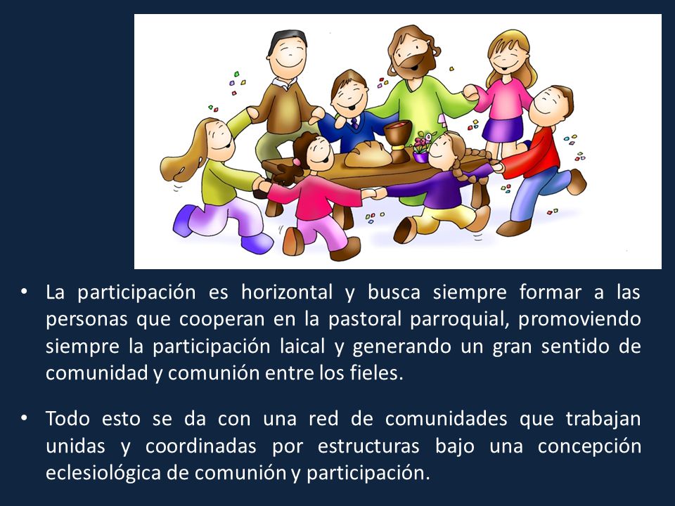 La participación es horizontal y busca siempre formar a las personas que cooperan en la pastoral parroquial, promoviendo siempre la participación laical y generando un gran sentido de comunidad y comunión entre los fieles.