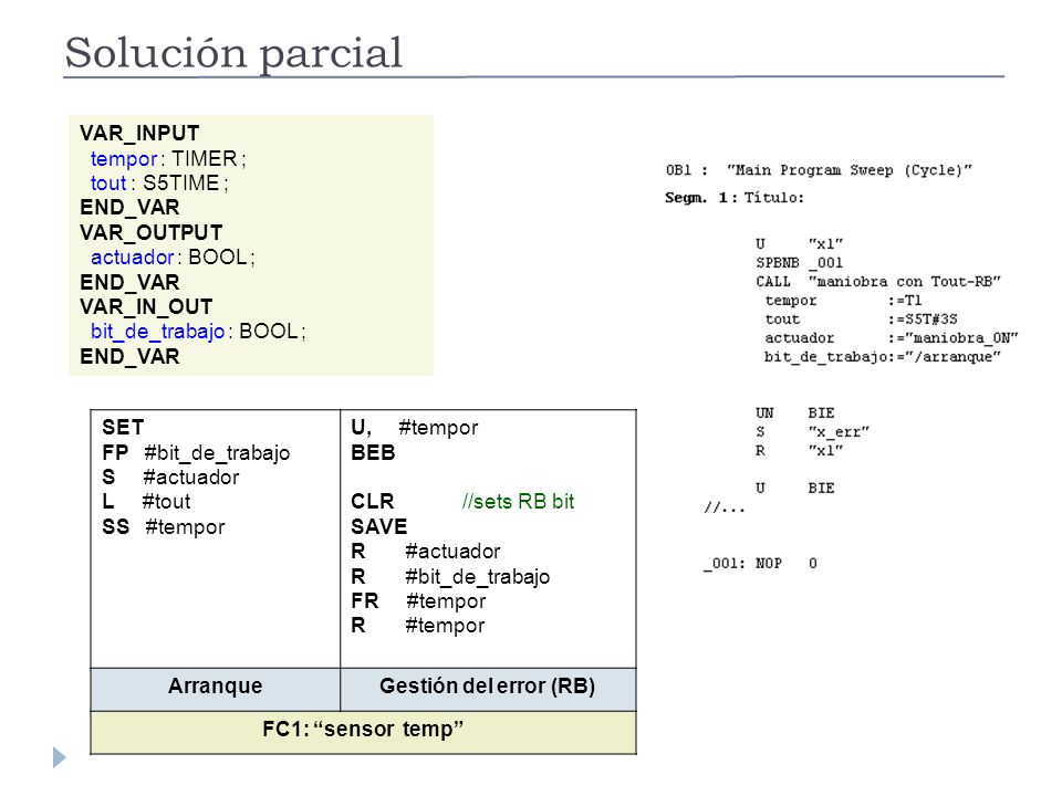 Solución parcial VAR_INPUT tempor : TIMER ; tout : S5TIME ; END_VAR