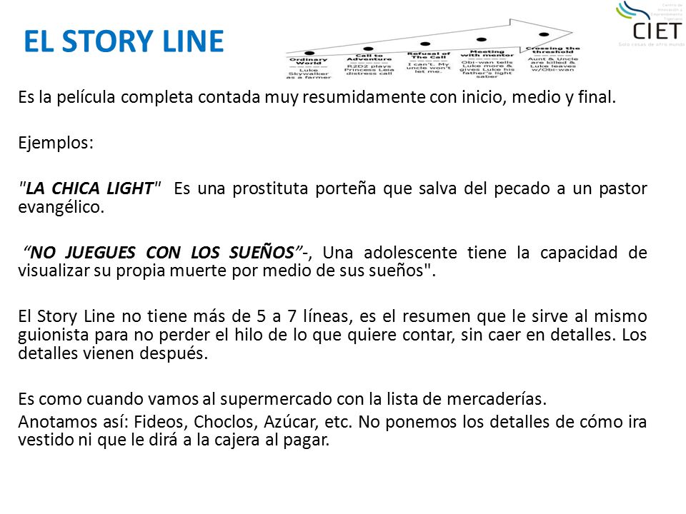 EL STORY LINE Es la película completa contada muy resumidamente con inicio, medio y final. Ejemplos:
