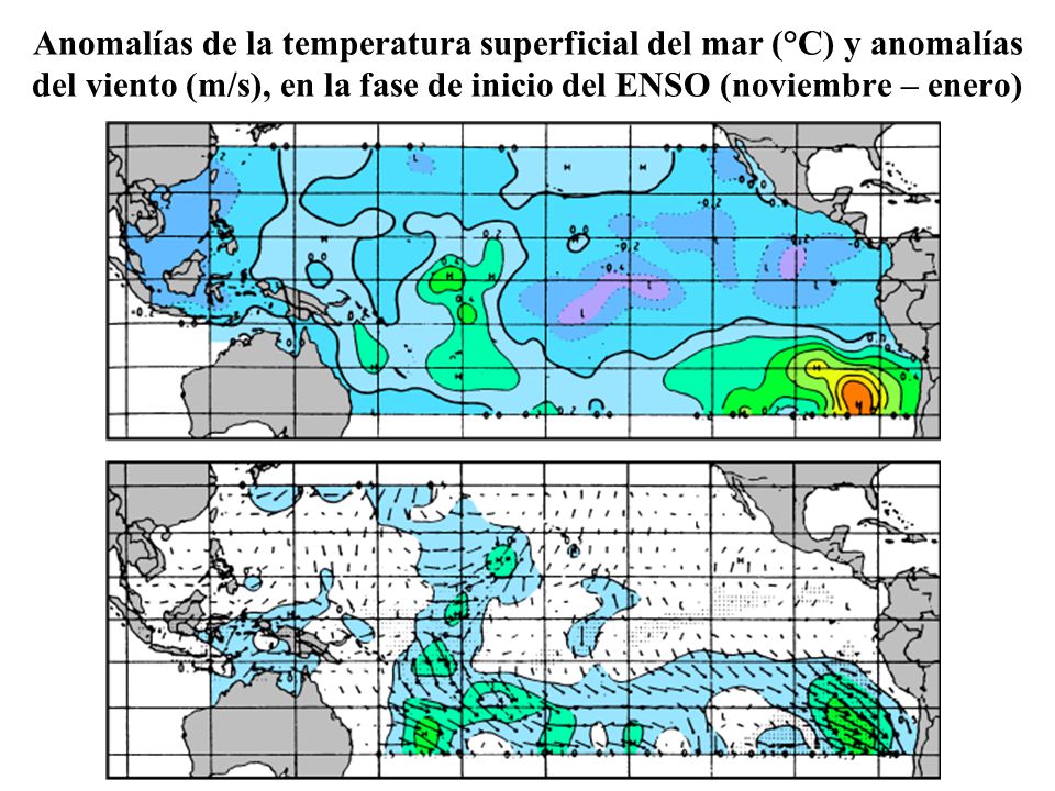 Anomalías de la temperatura superficial del mar (°C) y anomalías del viento (m/s), en la fase de inicio del ENSO (noviembre – enero)