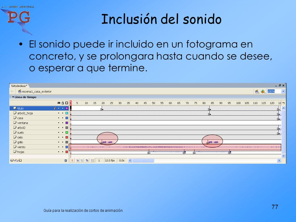 Inclusión del sonido El sonido puede ir incluido en un fotograma en concreto, y se prolongara hasta cuando se desee, o esperar a que termine.
