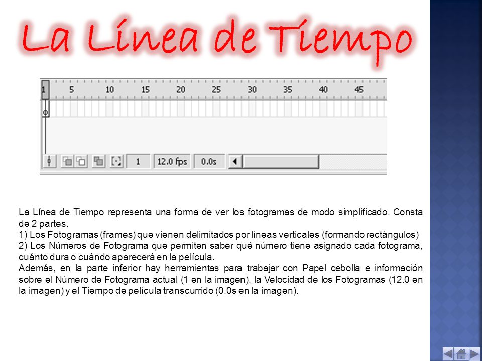 La Línea de Tiempo La Línea de Tiempo representa una forma de ver los fotogramas de modo simplificado. Consta de 2 partes.
