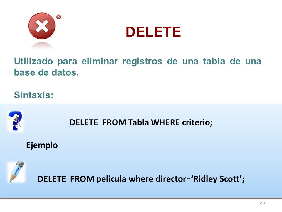 DELETE Utilizado para eliminar registros de una tabla de una base de datos. Sintaxis: DELETE FROM Tabla WHERE criterio;