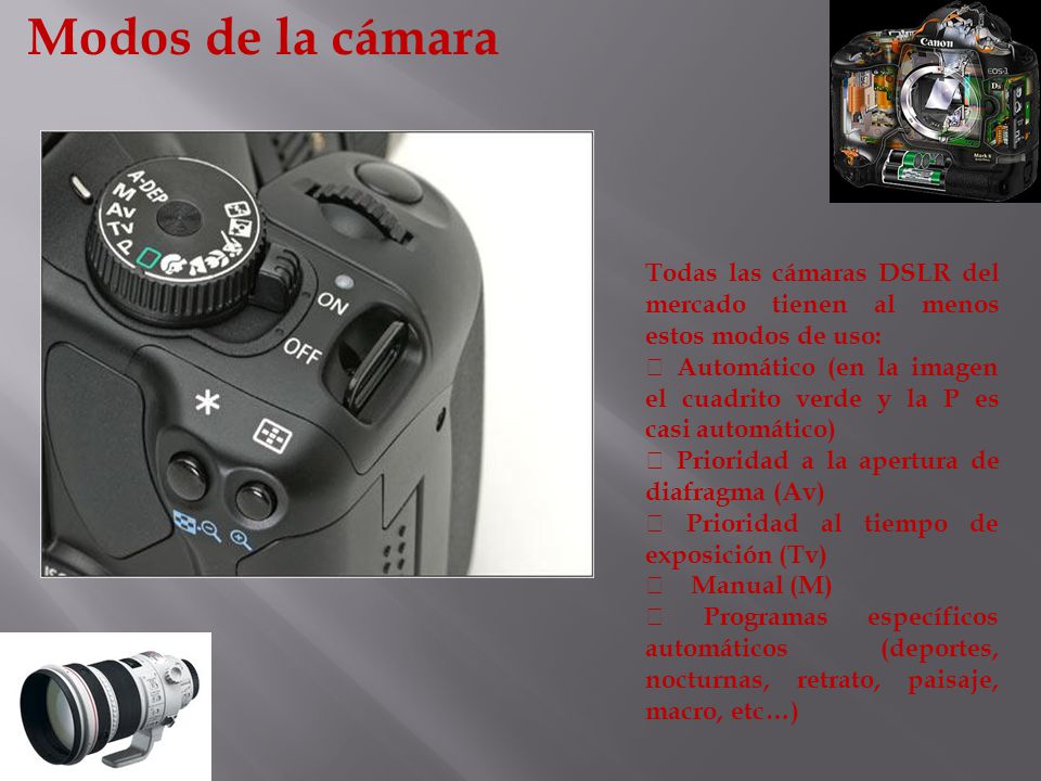 Modos de la cámara Todas las cámaras DSLR del mercado tienen al menos estos modos de uso: