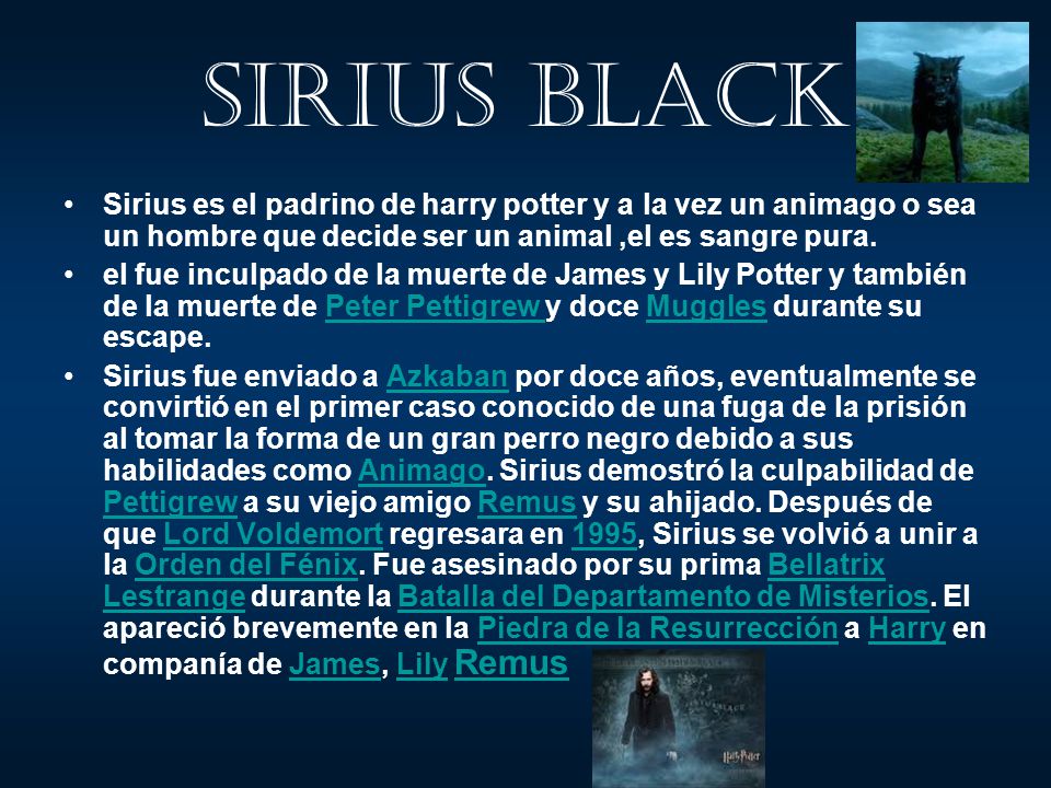 Sirius black Sirius es el padrino de harry potter y a la vez un animago o sea un hombre que decide ser un animal ,el es sangre pura.