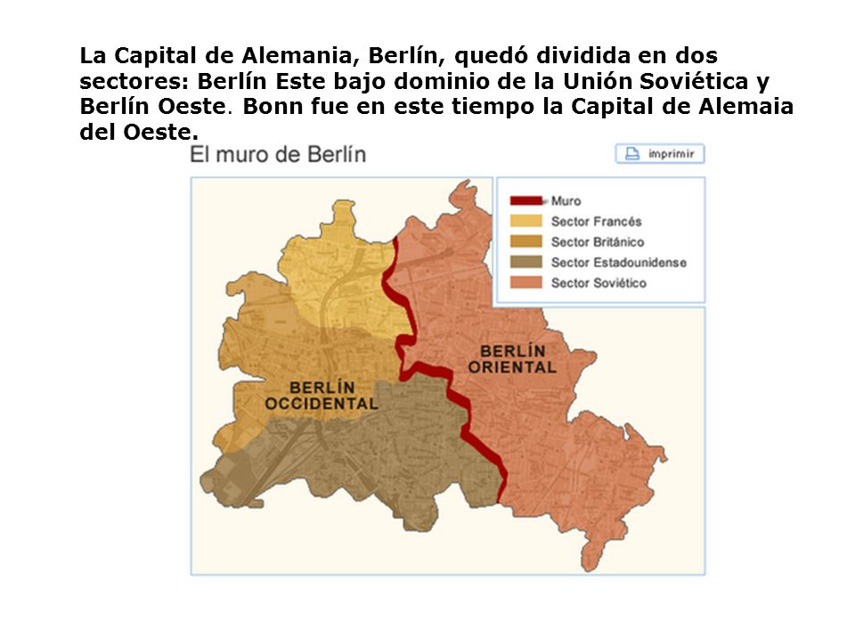 La Capital de Alemania, Berlín, quedó dividida en dos sectores: Berlín Este bajo dominio de la Unión Soviética y Berlín Oeste.