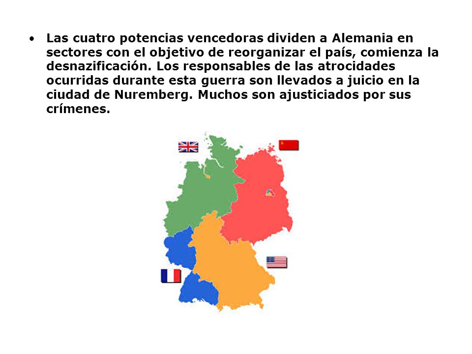 Las cuatro potencias vencedoras dividen a Alemania en sectores con el objetivo de reorganizar el país, comienza la desnazificación.