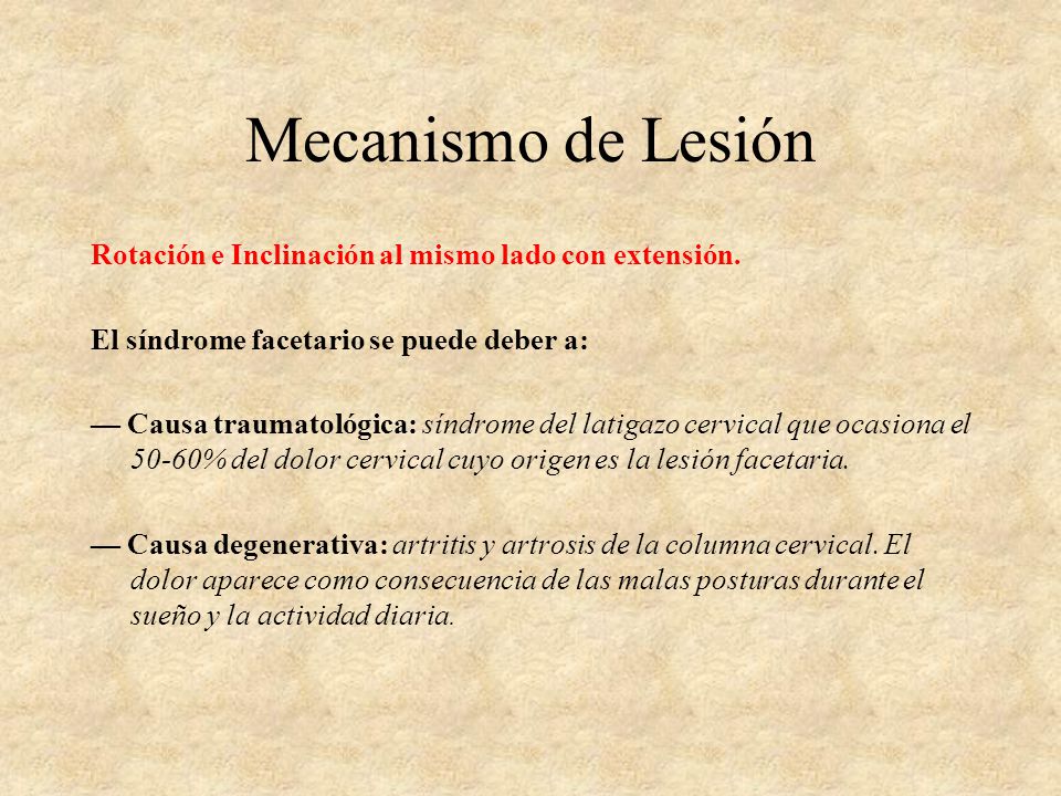 Mecanismo de Lesión Rotación e Inclinación al mismo lado con extensión. El síndrome facetario se puede deber a: