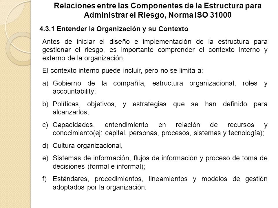 Relaciones entre las Componentes de la Estructura para Administrar el Riesgo, Norma ISO 31000