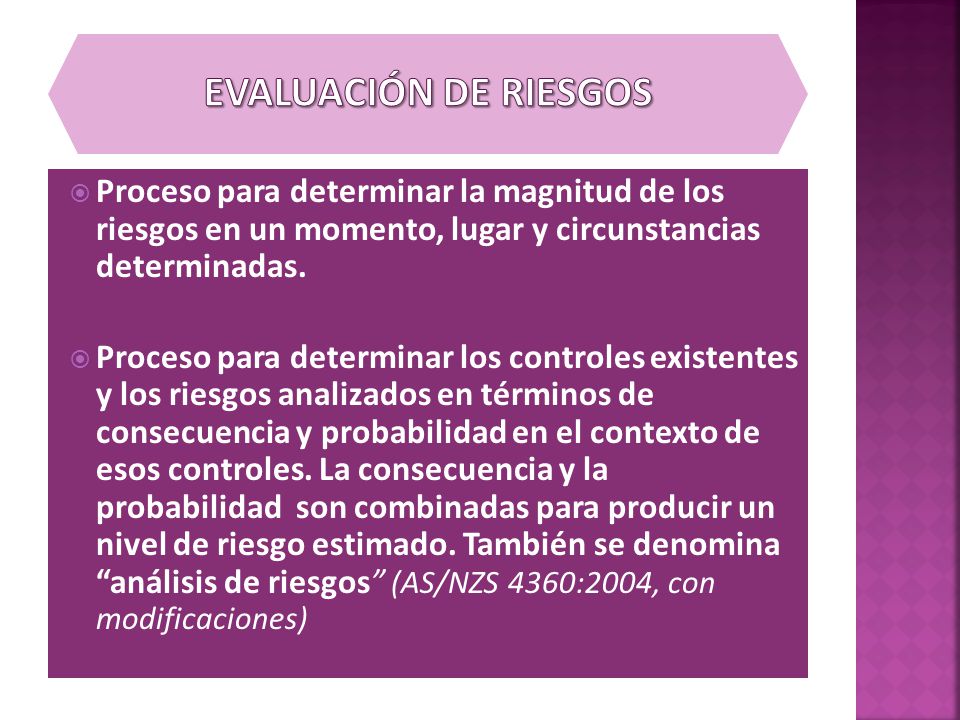 EVALUACIÓN DE RIESGOS Proceso para determinar la magnitud de los riesgos en un momento, lugar y circunstancias determinadas.
