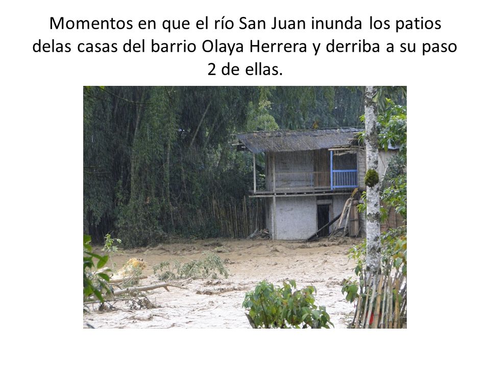 Momentos en que el río San Juan inunda los patios delas casas del barrio Olaya Herrera y derriba a su paso 2 de ellas.