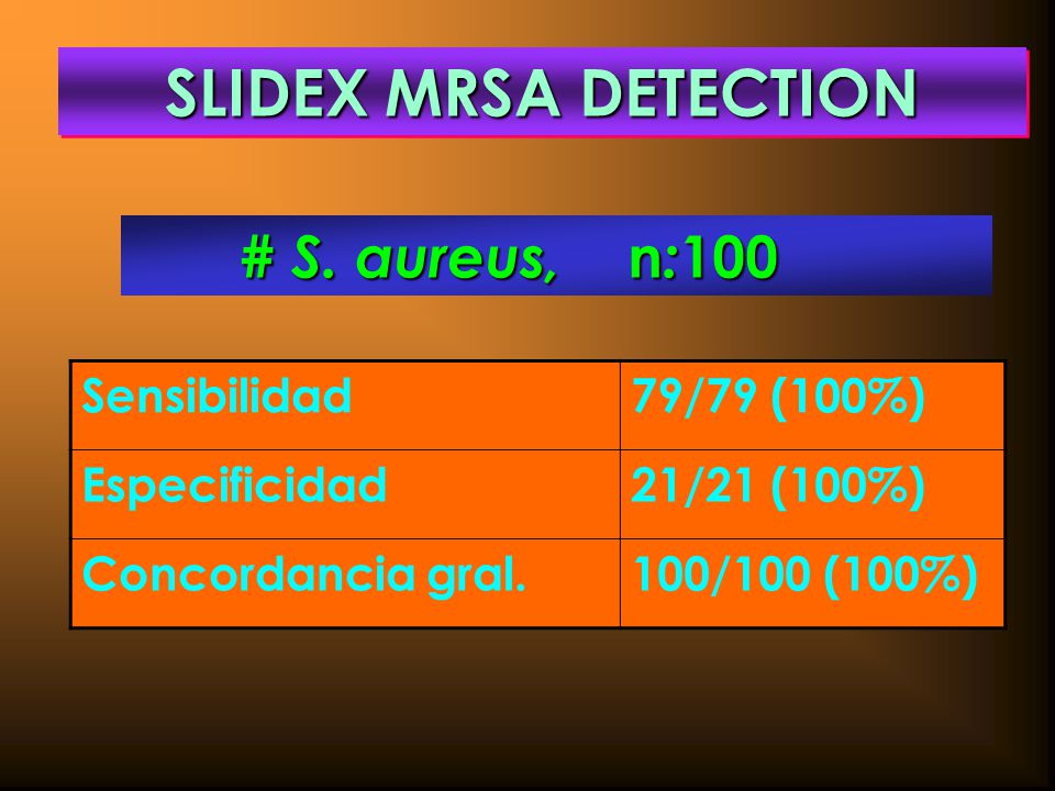 SLIDEX MRSA DETECTION # S. aureus, n:100 Sensibilidad 79/79 (100%)