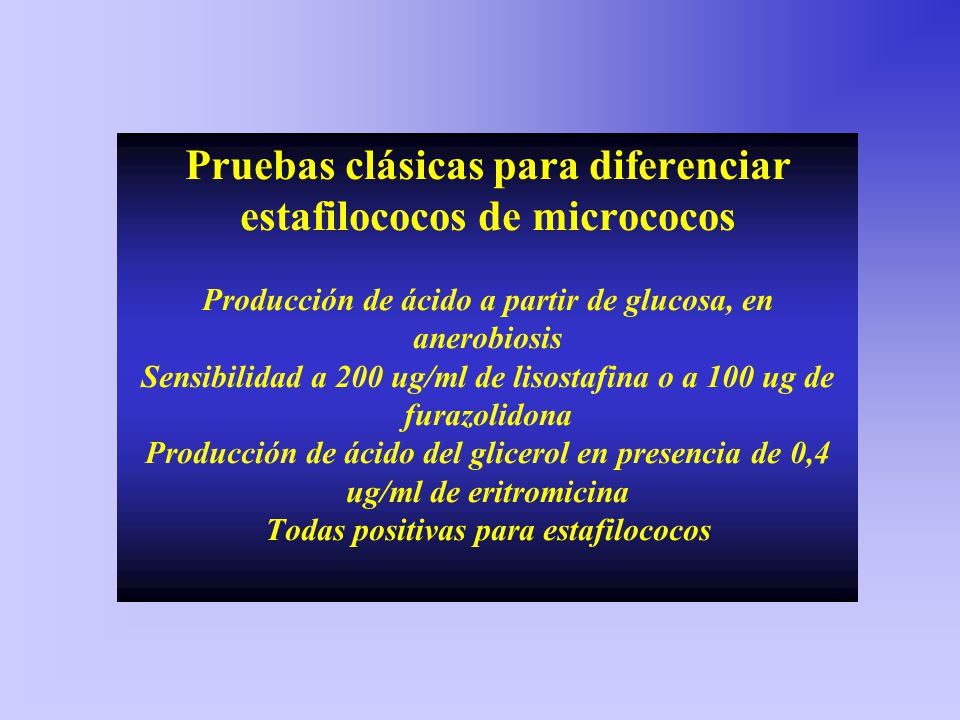 Pruebas clásicas para diferenciar estafilococos de micrococos Producción de ácido a partir de glucosa, en anerobiosis Sensibilidad a 200 ug/ml de lisostafina o a 100 ug de furazolidona Producción de ácido del glicerol en presencia de 0,4 ug/ml de eritromicina Todas positivas para estafilococos