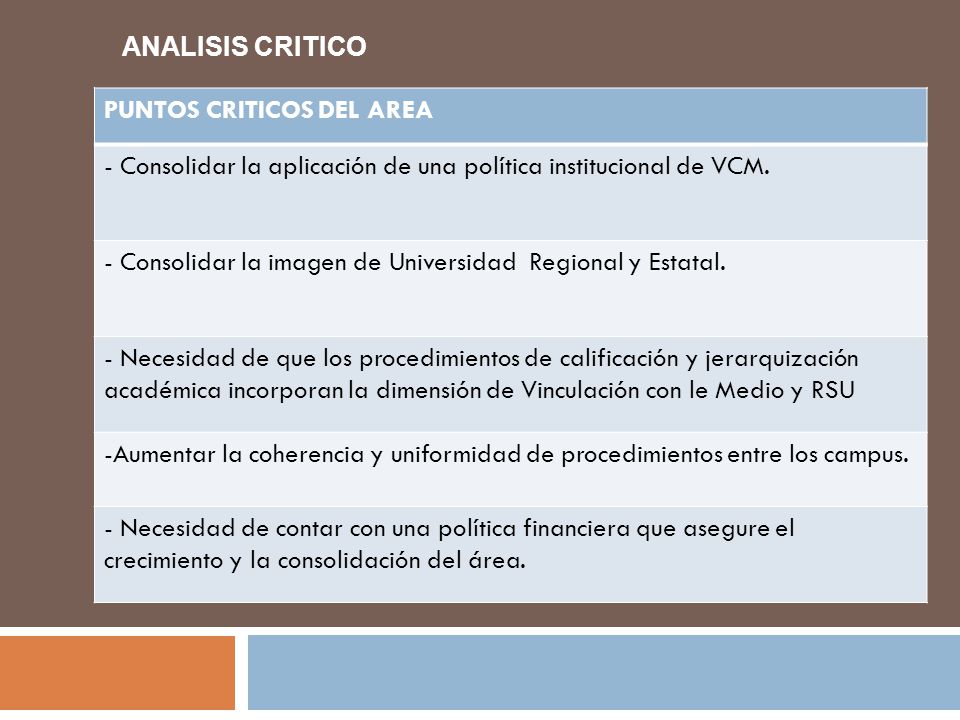 ANALISIS CRITICO PUNTOS CRITICOS DEL AREA. - Consolidar la aplicación de una política institucional de VCM.