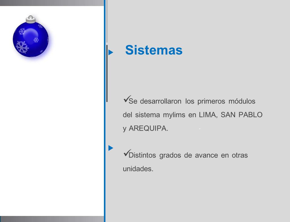 . Sistemas. Se desarrollaron los primeros módulos del sistema mylims en LIMA, SAN PABLO y AREQUIPA.